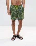 Asos Mid Length Swim Shorts With Camo Print & Neon Drawcord - Green
