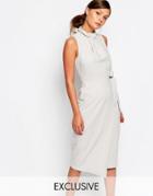 Closet Midi Wrap Dress With Pleated Neck Detail - Light Gray