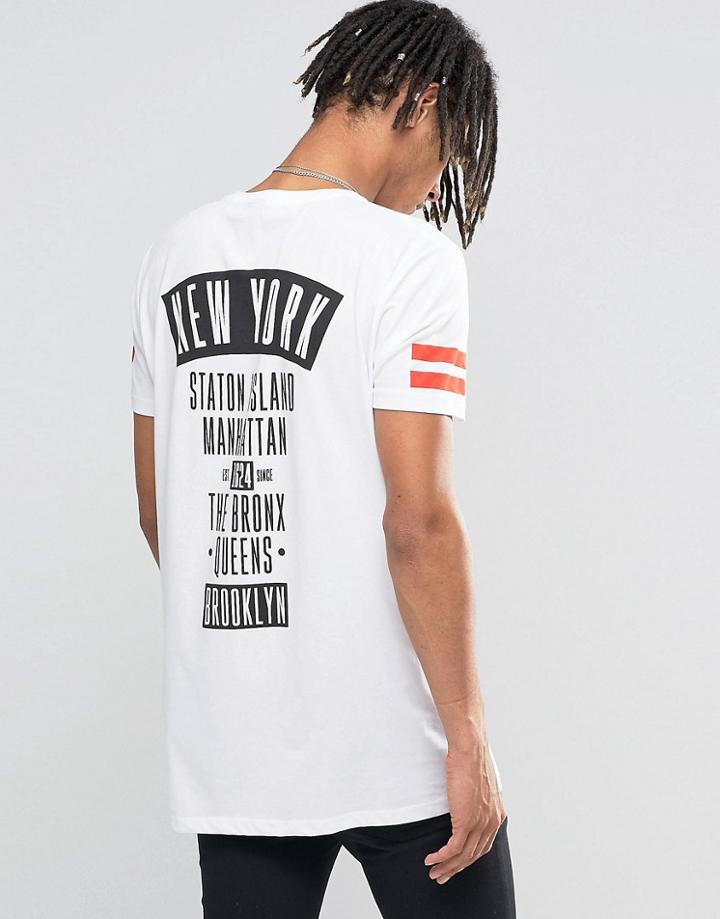 Asos Longline T-shirt With Back Print And Red Stripe On Sleeves - White