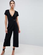 Asos Wrap Jumpsuit With Horn Button And Culotte Leg - Black