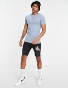 Asos Design Organic Muscle Fit T-shirt With Crew Neck In Washed Blue-blues