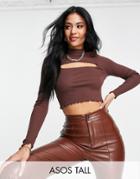 Asos Design Tall Long Sleeve Top With Cut Out And Lettuce Edge In Brown