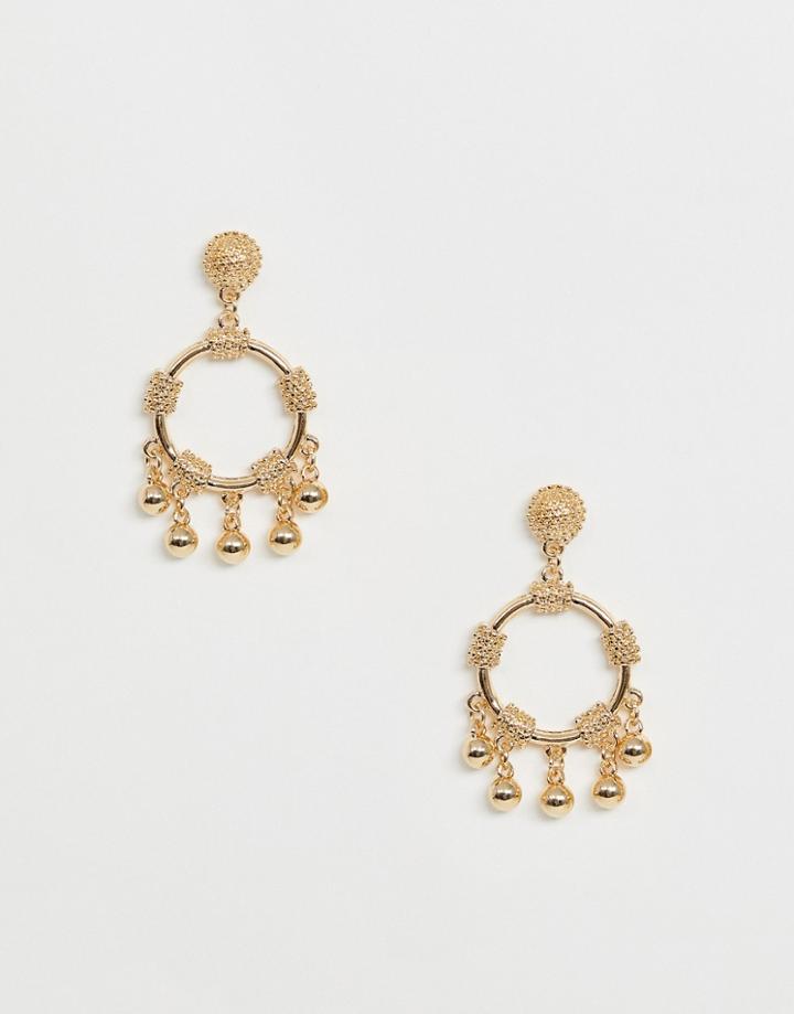 Asos Design Earrings In Open Circle Drop With Ball Charms In Gold Tone - Gold