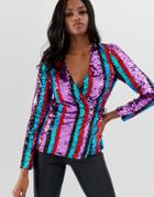 Asos Design Stripe Sequin Embellished Wrap Long Sleeve Top-multi