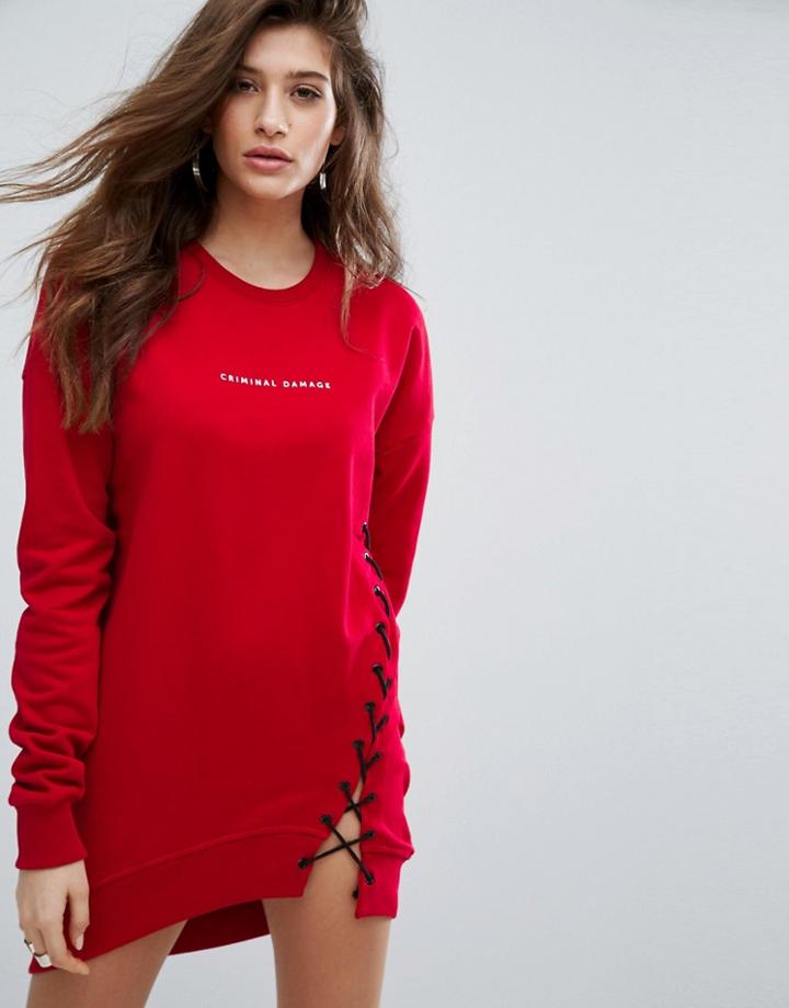 Criminal Damage Lace Up Front Sweat Dress - Red