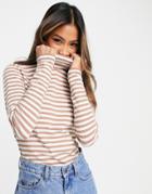 Only Organic Cotton Roll Neck Top In Taupe Stripe-neutral