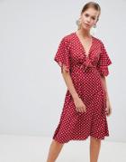 Boohoo Knot Front Angel Sleeve Midi Dress In Red Polka Dot - Multi