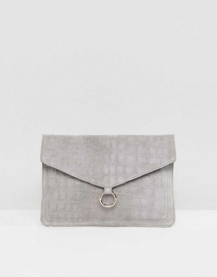 Asos Suede Envelope Clutch Bag With Ring Detail - Gray