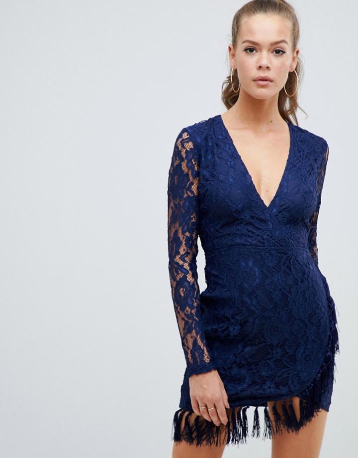 Ax Paris Lace Dress With Tassle Detail - Navy