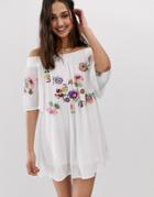En Cr Me Bardot Mini Dress With Floral Embroidery - White