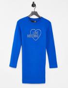 Love Moschino Diamante Logo Dress In Blue-blues