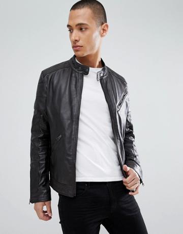 Barneys Originals Real Leather Biker Jacket-black