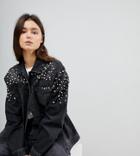 Chorus Tall Pearl Embellished Oversized Denim Jacket - Black