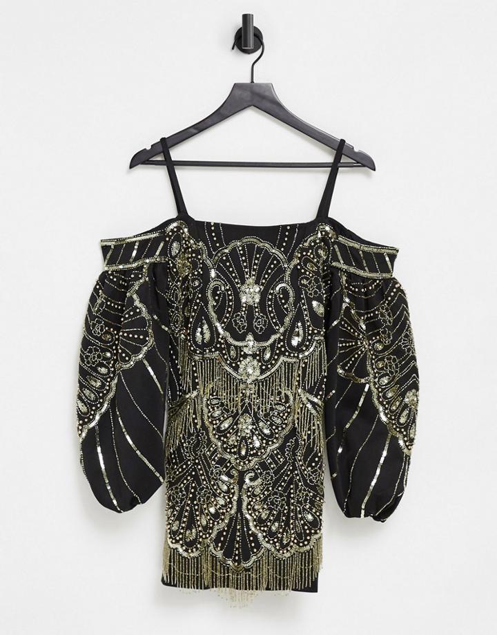 Asos Design Puff Sleeve Off-the-shoulder Heavily Embellished Mini Dress In Black-multi