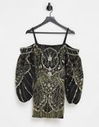Asos Design Puff Sleeve Off-the-shoulder Heavily Embellished Mini Dress In Black-multi