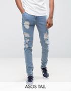 Asos Tall Tapered Jeans In Vintage Light Wash Blue With Heavy Rips - Blue
