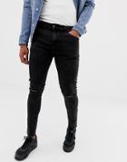 Bershka Super Skinny Jeans In Black Acid Wash With Knee Rips - Black