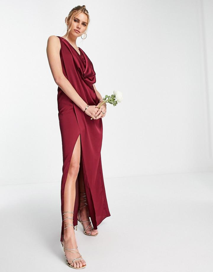 Tfnc Bridesmaid Satin Wrap Maxi Dress In Berry-pink