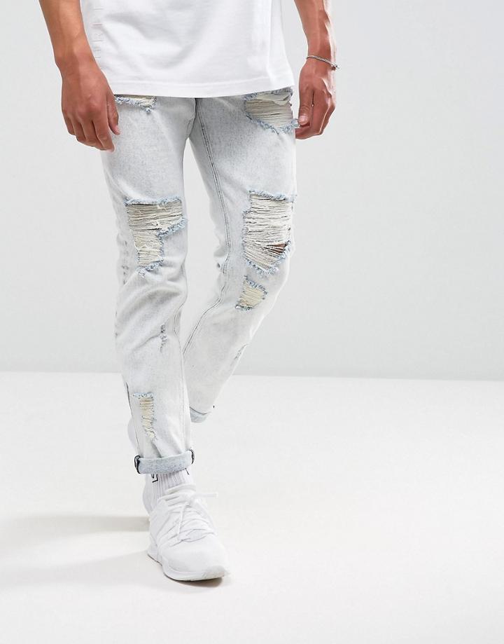Asos Stretch Slim Jeans In Heavy Bleach Wash With Rips - Blue