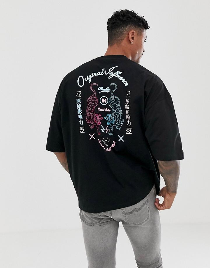 Asos Design Oversized T-shirt With Half Sleeve And Tiger Neon Back Print-black