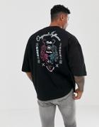 Asos Design Oversized T-shirt With Half Sleeve And Tiger Neon Back Print-black