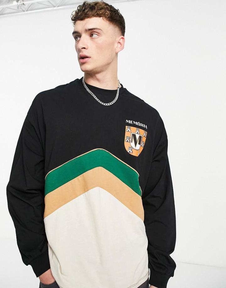 Asos Design Oversized Long Sleeve T-shirt In Color Block With Chest Badge-multi