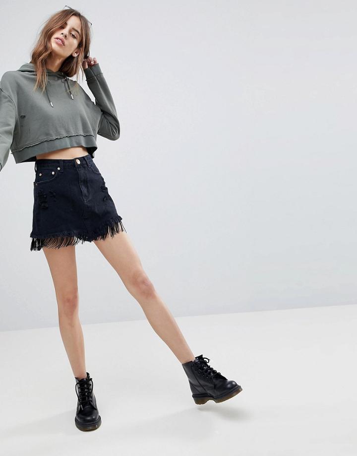 Signature 8 Denim Skirt With Fringe Hem - Black
