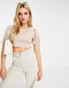 Fashion Union Tie Back Cropped Blouse In Peach Plaid-pink
