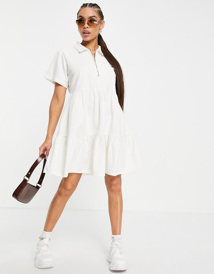 Missguided Zip Front Tiered Shirt Dress In White