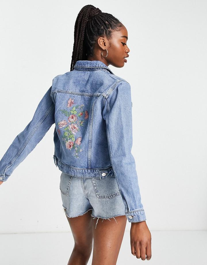 Miss Selfridge Embroided Back Denim Jacket In Mid Blue