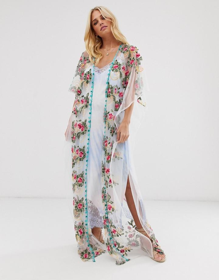 Aratta Maxi Kimono In Sheer Embroidered Mesh-white