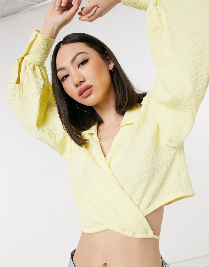 Lost Ink Crinkle Wrap Shirt In Lemon Drop-yellow