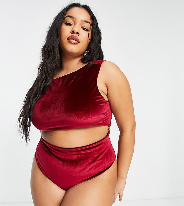 Asos Design Curve Ring Side Swimsuit In Red Velvet