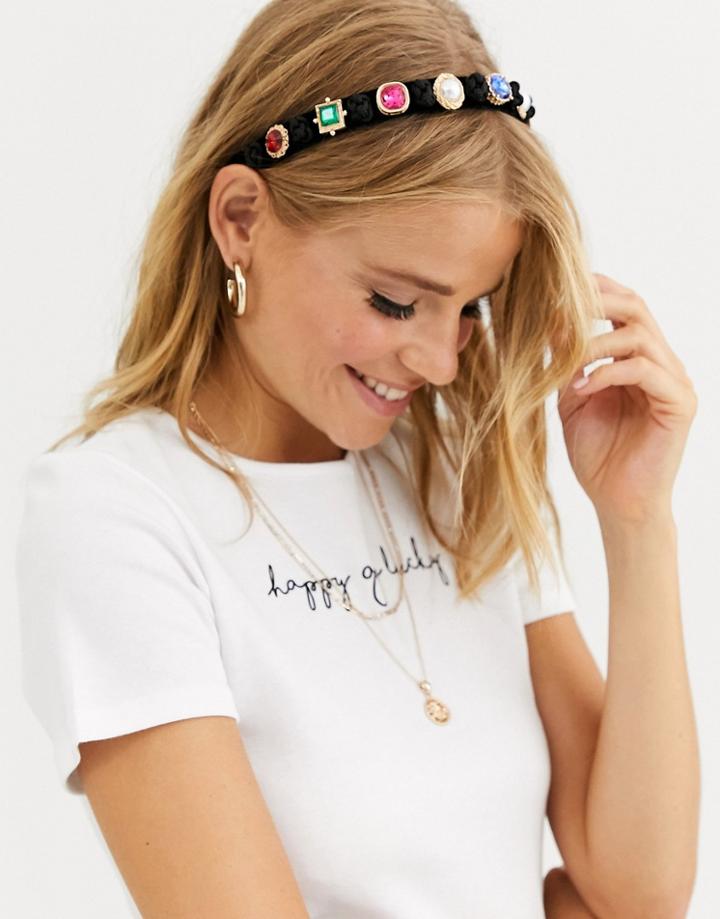 Asos Design Headband In Multi Stone Set And Plaited Rope Design