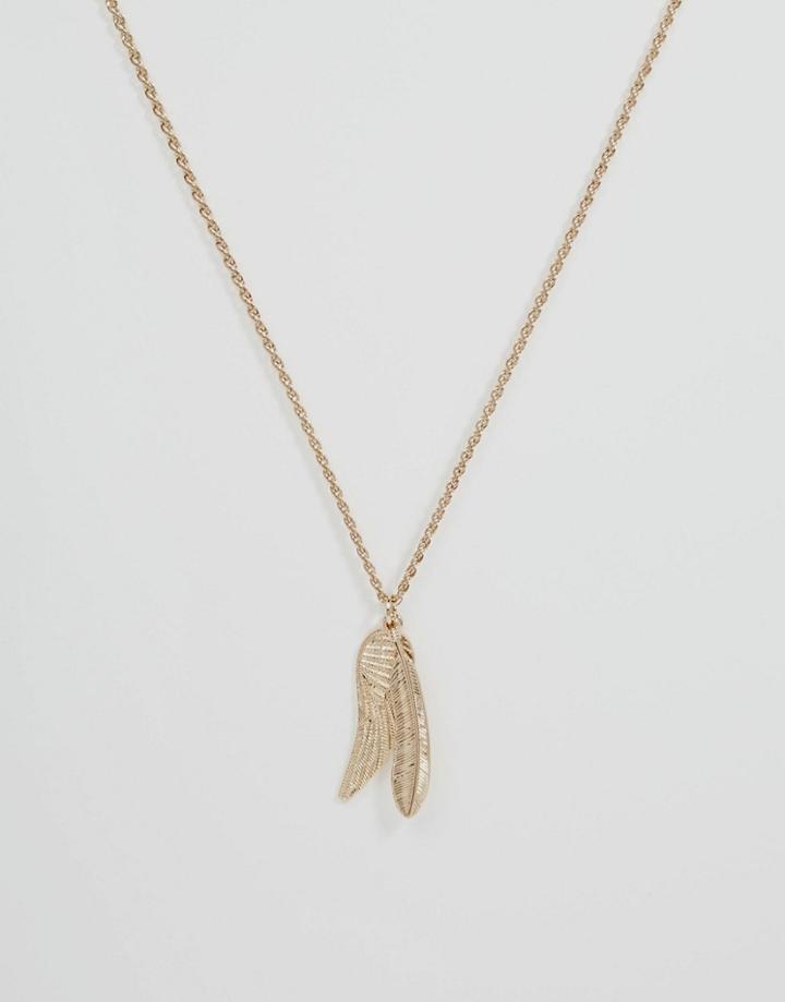 Asos Design Feather Necklace In Gold Tone
