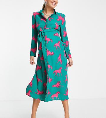 Twisted Wunder Maternity Horse Print Shirt Dress In Green
