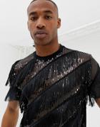 Asos Design Relaxed T-shirt In All Over Sequin T-shirt With Fringing And Beading In Black - Black