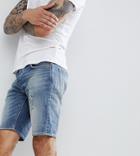 Allsaints Skinny Fit Denim Shorts In Blue Wash With Rips - Blue