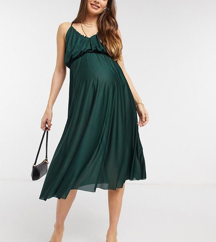 Asos Design Maternity Cami Plunge Midi Dress With Blouson Top In Forest Green