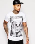 Religion T-shirt With Floral Skull Tattooed Body Print - White