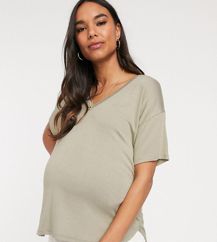 Asos Design Maternity V Neck Oversized In Textured Jersey In Khaki - Green