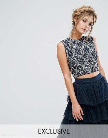 Lace & Beads Iridescent Crop Top Co-ord - Navy
