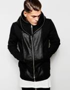 Asos Hooded Jacket With Leather Look Trim - Black
