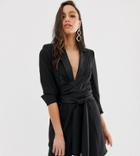 Asos Design Tall Mini Tux Dress With Self Tie Belt-black