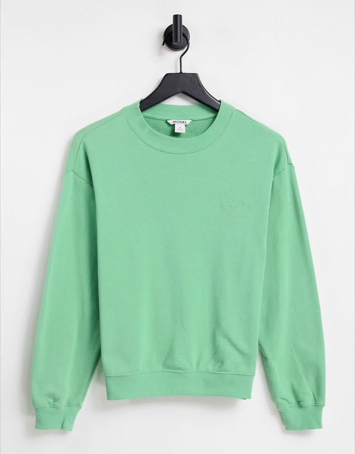 Monki Nana Organic Cotton Happy Logo Sweatshirt In Green