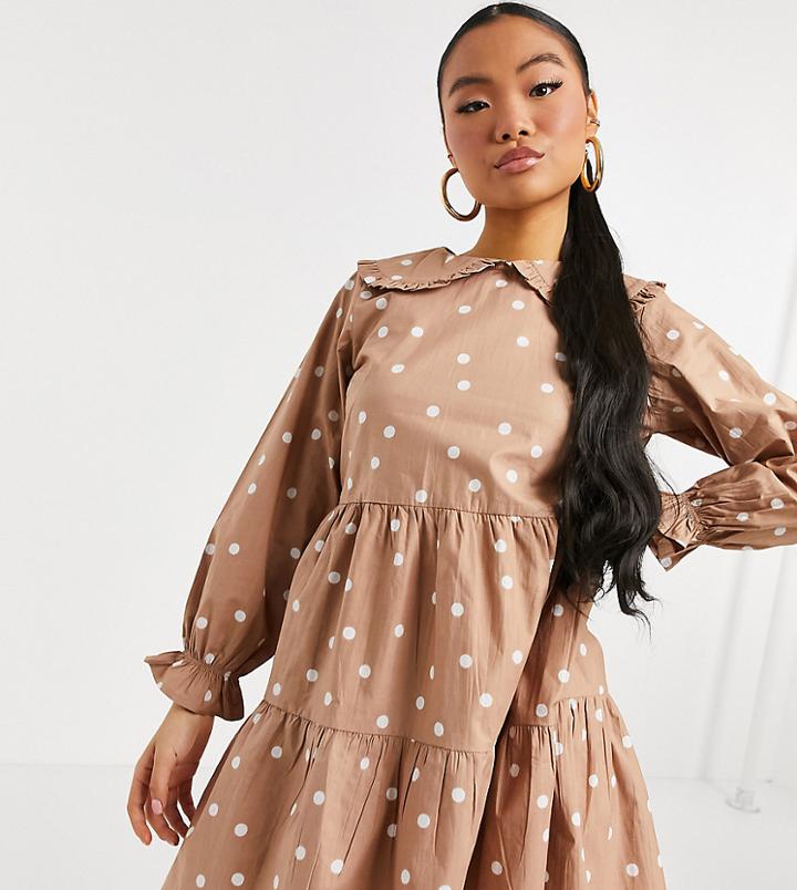 New Look Petite Poplin Ruffle Collar Dress In Brown Polka Dot