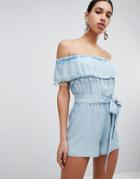 Missguided Chambray Bardot Romper - Blue