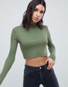Asos Design Long Sleeve High Neck Crop Top In Rib - Green