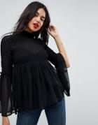 Asos Shirred Blouse With Fluted Sleeve - Black