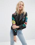Asos Premium Biker Jacket With Floral Embroidery - Multi